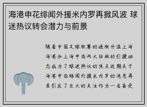 海港申花绯闻外援米内罗再掀风波 球迷热议转会潜力与前景