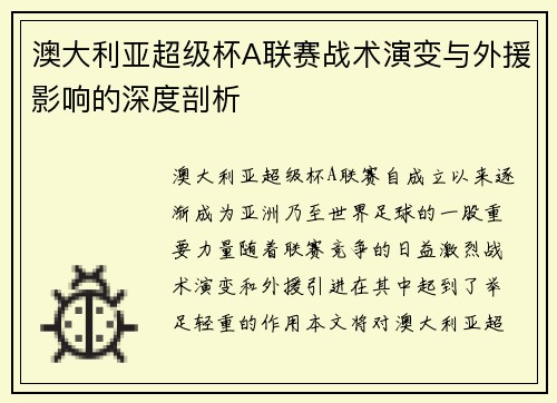 澳大利亚超级杯A联赛战术演变与外援影响的深度剖析